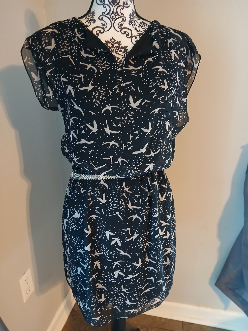 Sweet Storm Black and Cream Bird-Print Mini Dress